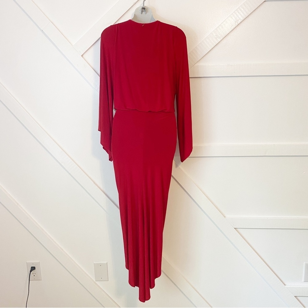 Misa Teget High Low Hem Ruched Twist Front Long Flare Sleeve V-Neck Dress Red S - Picture 10 of 11